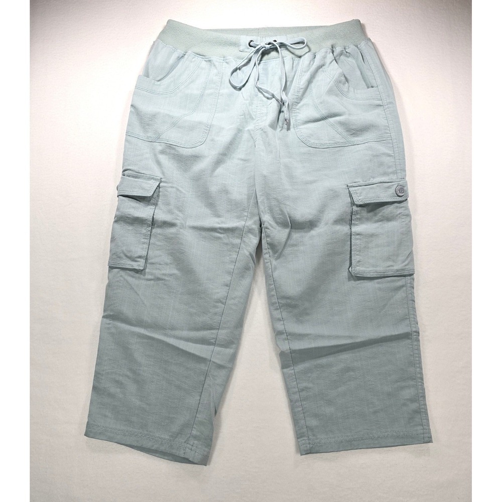 Outdoorsports Womens Cargo Capri Pants Sage Green Elastic Waist Hiking Size L